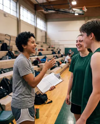 Estudante organizando um evento esportivo da atlética, com prancheta na mão