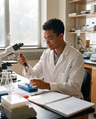 Estudante de jaleco trabalhando num laboratório da universidade